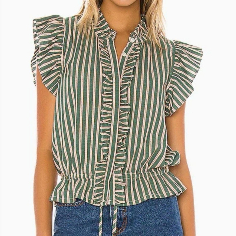 Birds Of Paradis‎ By Trovata Paige Striped Ruffle Trim Top Blouse Flutter Sz XS